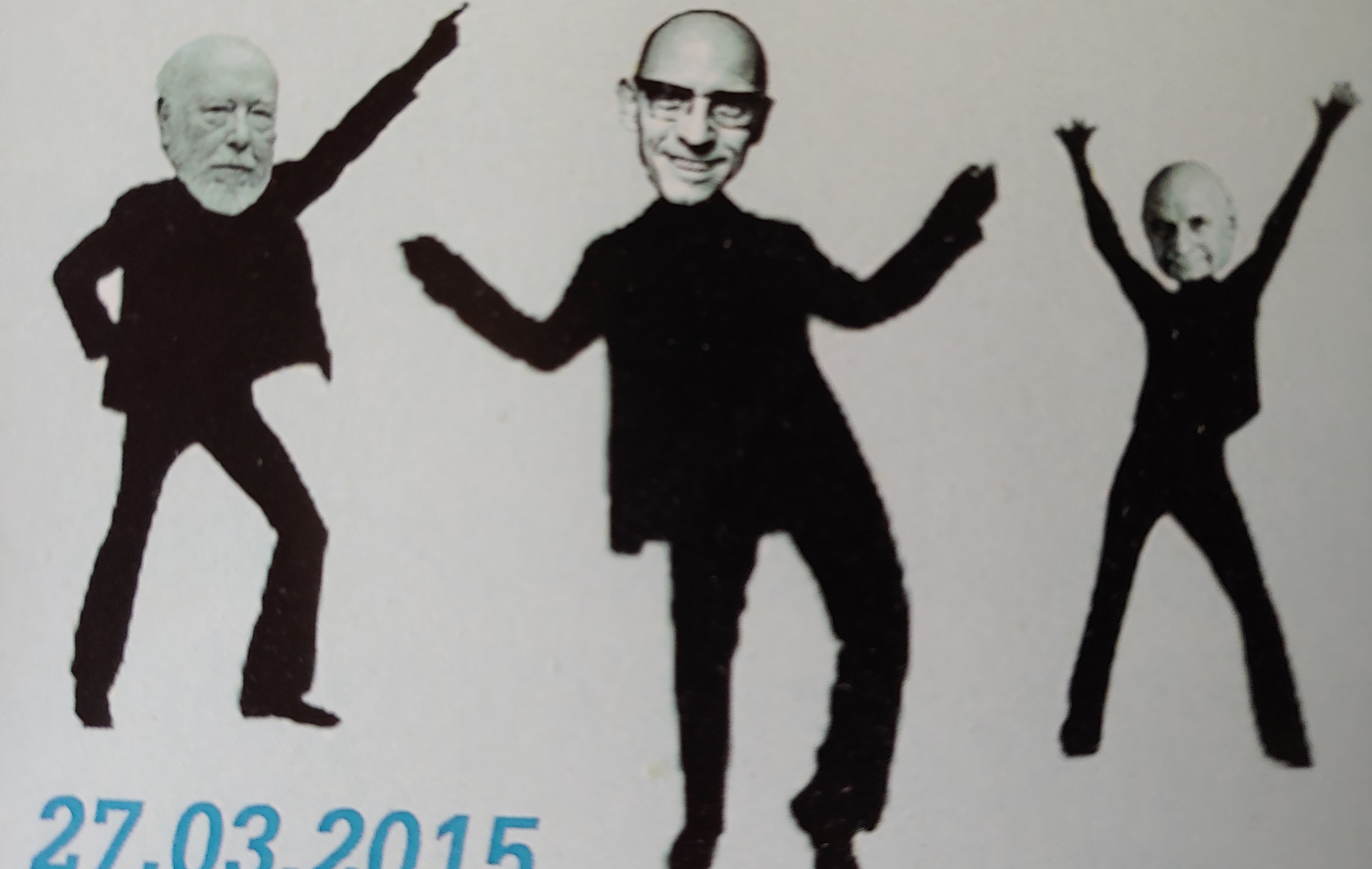 Stilisierte Strichfiguren mit den Gesichtern von Michel Foucault, Peter Berger und Thomas Luckmann tanzen gemeinsam